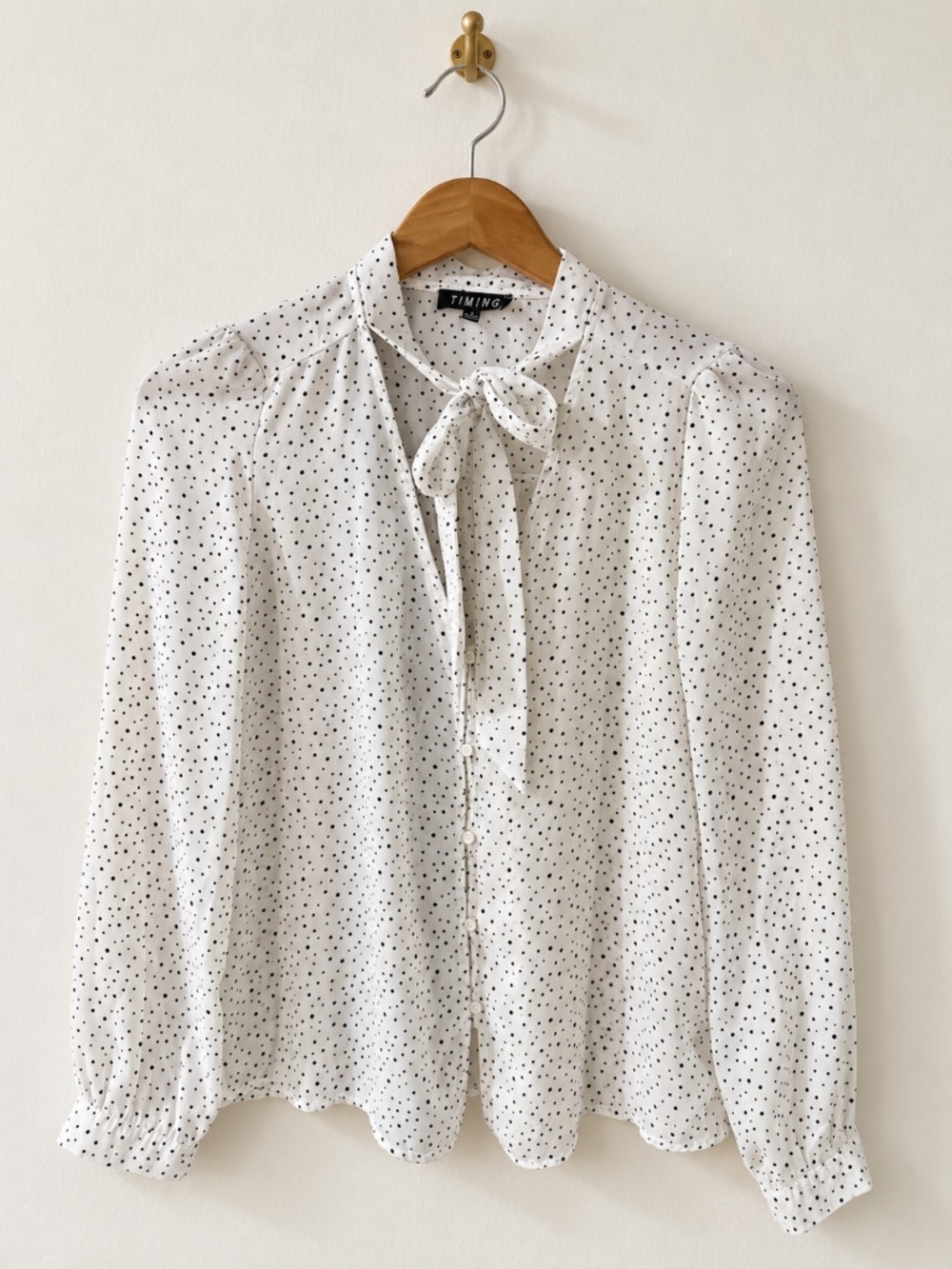 Timing White & Black Polka Dot Bow Tie Neck Blouse Size Small